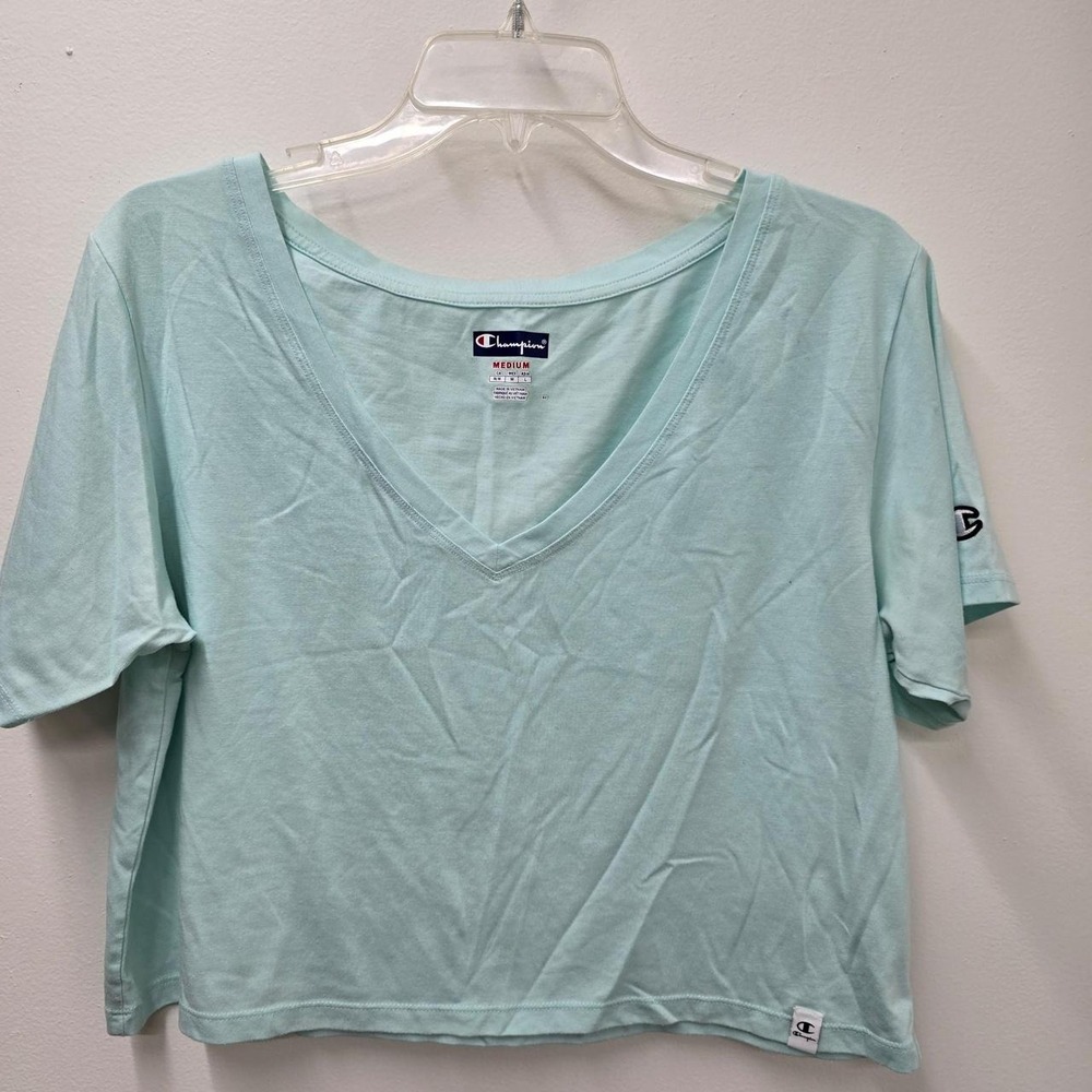 Champion Womens M Blue Solid V-Neck Short Sleeve Pullover T-Shirt Logo